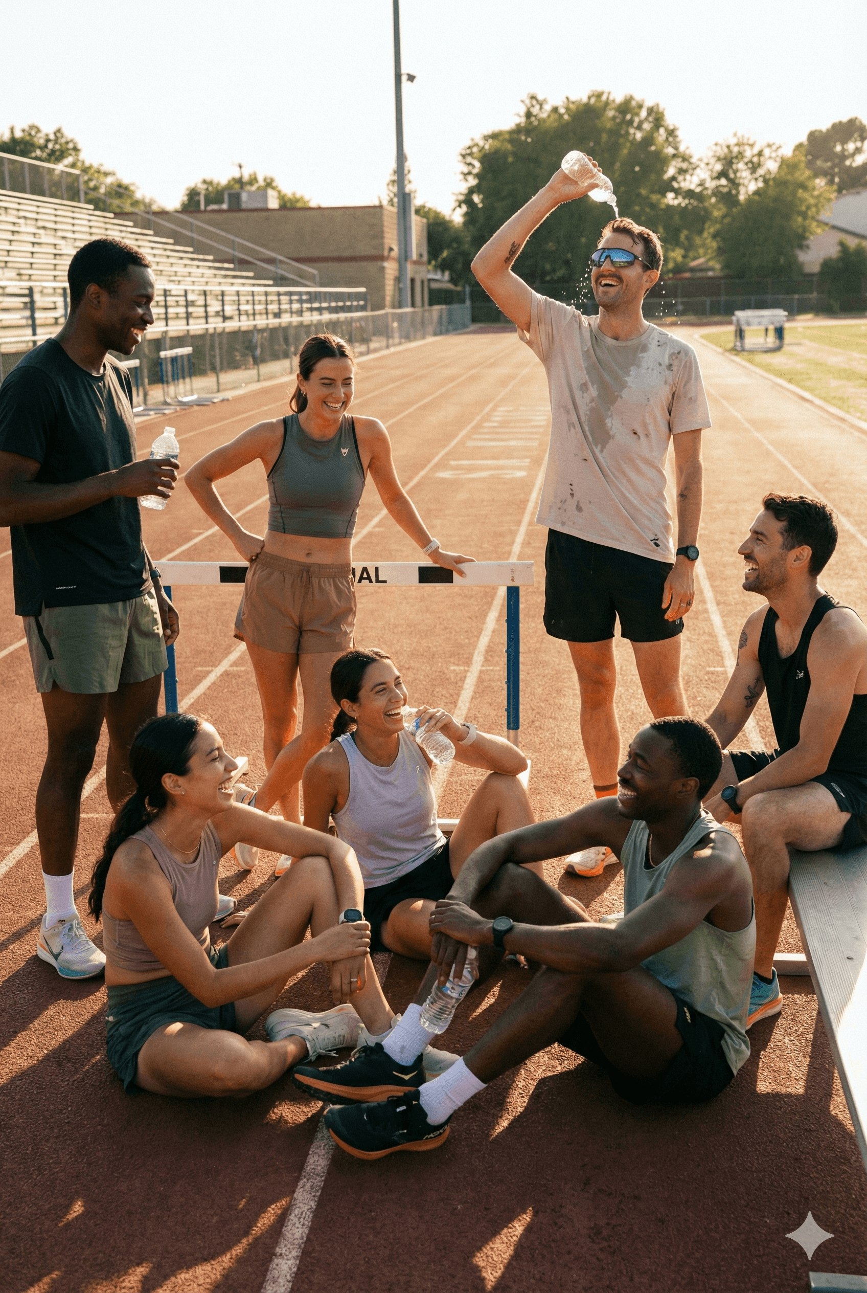 A group of runners gathering on an athletics track at golden hour